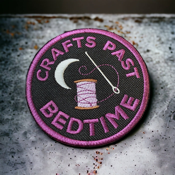 Crafts Past Bedtime embroidered badge used as the cover image for craft and maker patches.
