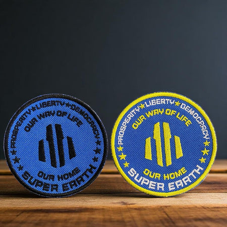 Two patches with text and symbols on a wooden surface and dark background