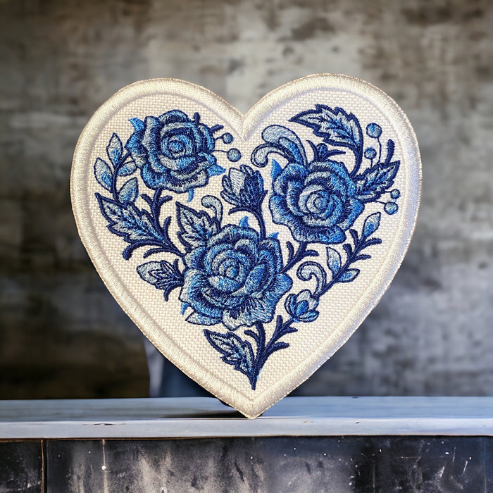 Delft Blue Rose Heart Embroidered Patch – Multiple Sizes