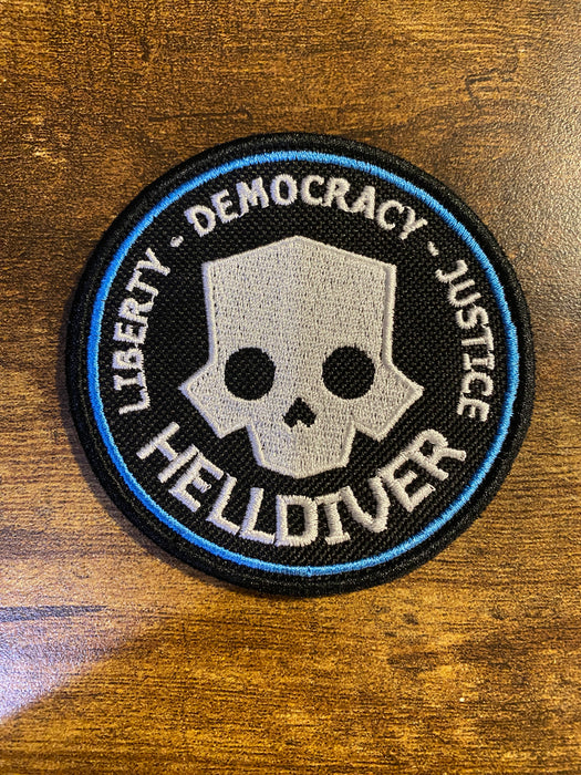 Helldiver Skull Patch – Liberty • Democracy • Justice – 3.5” Embroidered Morale Patch (Iron-On, Sew-On, Hook)