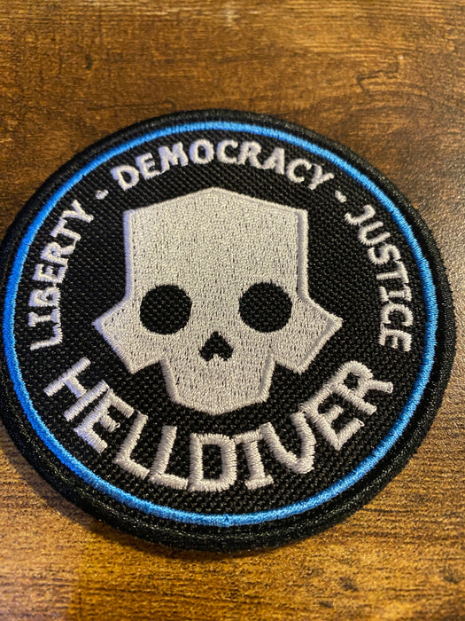 Helldiver Skull Patch – Liberty • Democracy • Justice – 3.5” Embroidered Morale Patch (Iron-On, Sew-On, Hook)
