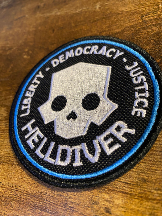 Helldiver Skull Patch – Liberty • Democracy • Justice – 3.5” Embroidered Morale Patch (Iron-On, Sew-On, Hook)