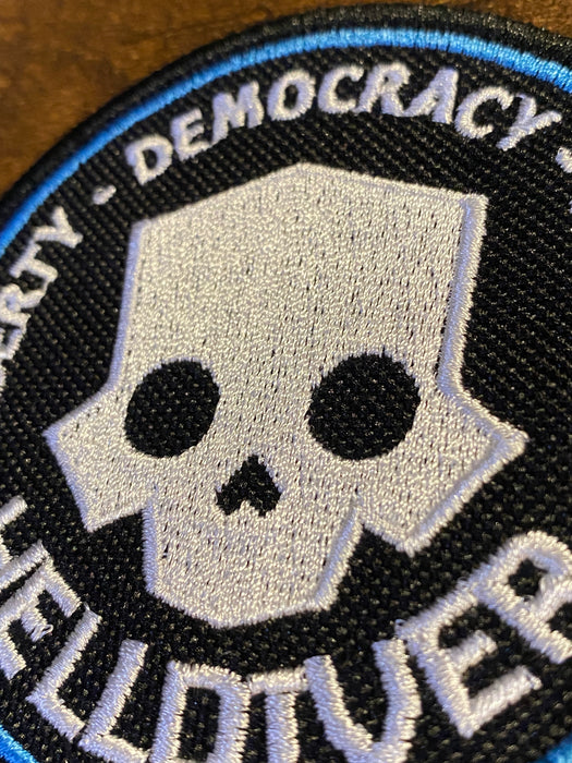 Helldiver Skull Patch – Liberty • Democracy • Justice – 3.5” Embroidered Morale Patch (Iron-On, Sew-On, Hook)