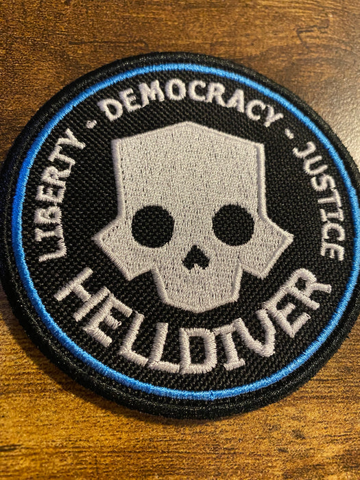 Helldiver Skull Patch – Liberty • Democracy • Justice – 3.5” Embroidered Morale Patch (Iron-On, Sew-On, Hook)