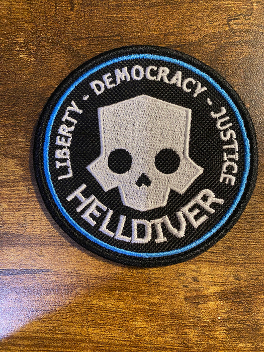 Helldiver Skull Patch – Liberty • Democracy • Justice – 3.5” Embroidered Morale Patch (Iron-On, Sew-On, Hook)