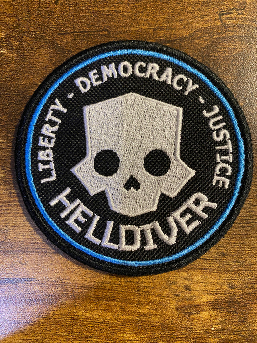 Helldiver Skull Patch – Liberty • Democracy • Justice – 3.5” Embroidered Morale Patch (Iron-On, Sew-On, Hook)