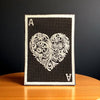 Ace of Hearts embroidered patch on black fabric with ornate gold heart, 3x4 inches, sew-on, iron-on, or hook backing.