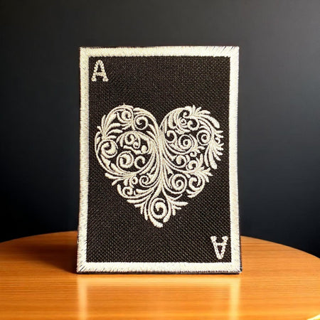Ace of Hearts embroidered patch on black fabric with ornate gold heart, 3x4 inches, sew-on, iron-on, or hook backing.